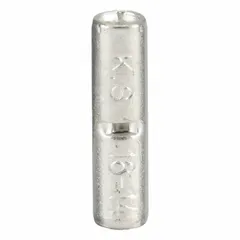 Non-insulated butt splice connector for joining two wires end-to-end. Accommodates 16 AWG to 14 AWG wire, rated 600 V. Bare copper construction for low-resistance connections. Suitable for industrial wiring, control panels, and maintenance applications. Pack of 100.