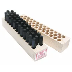Steel hand stamp kit with round-face characters including numerals 0 to 8 (6 serves as 9), ampersand (&), and letters A to Z. Used for marking metal, plastic, or wood parts with alphanumeric identifiers in industrial part identification, asset tagging, and quality control marking.
