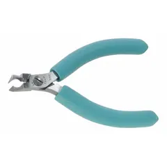 Angled, narrow jaw design for accessing tight spaces. Jaw length 3/8 in, jaw width 3/8 in, overall length 4 3/8 in. Semiflush cut type. Spring return mechanism. ESD-safe for use on sensitive electronic components.