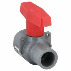This SPEARS ball valve is made of CPVC with socket x socket ends and a standard port ball port. It features a straight body and a tee handle for manual two-way flow control. Typical applications include industrial piping systems requiring corrosion resistance, such as chemical processing and water treatment.