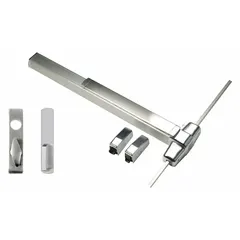 Surface vertical rod exit device with lever touchbar, chrome finish. Designed for maximum door width of 3 ft. Suitable for commercial applications requiring safe egress, such as schools, offices, and retail buildings.