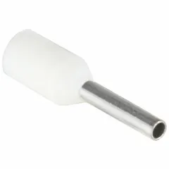Insulated ferrule for terminating stranded wire ends. White nylon body, 0.05 in ferrule diameter, holds 1 wire. Used in terminal blocks and control panels to prevent fraying and ensure secure connections.
