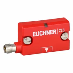 This safety switch read head features a built-in M8 connector with 3 pins and two active faces. It measures 42 mm x 25 mm and is compatible with RFID actuator technology. Typical applications include position monitoring of movable guards on industrial machinery.