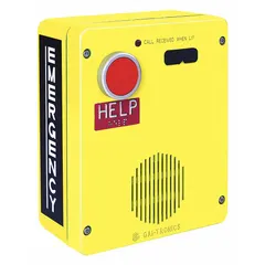 Yellow plastic emergency call box for surface mounting. Includes emergency push button and call-received LED indicator. Features 3-number rollover with auto answer. Weather resistant for outdoor use.
