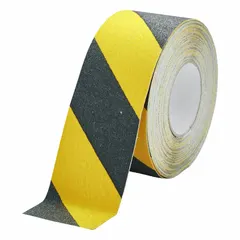 Striped black/yellow antislip tape on a roll, 2 61/64 in wide by 49 13/64 ft long, with a 60 grit coarse abrasive surface. Features permanent solvent acrylic adhesive and meets R13 slip-resistance standards. Suitable for outdoor use on vehicle treads, steps, and ramps to improve traction in wet or oily conditions.