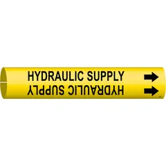 Snap-on pipe marker for identifying hydraulic supply lines. Yellow background with black legend and directional arrows. Fits pipe outer diameters from 2-1/2 to 3-7/8 inches. Sold as a single marker.