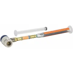This single-piece A/C oil injector is designed for use with R-1234yf POE oil only automotive air conditioning systems. It measures 9 in × 12 in × 1 in and is used to inject oil into the A/C system during service or repair to ensure proper compressor lubrication.