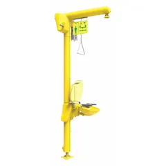 This freeze-resistant heat-trace floor-mount shower with eyewash is constructed with a covered plastic bowl and galvanized steel pipe. It operates on 120 V AC with a hardwired electrical connection and includes power indicator lights. Suitable for emergency decontamination in areas where freezing temperatures may occur.
