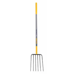 This agricultural fork features a steel head and a straight wood handle measuring 48 inches. It is suited for moving manure, compost, hay, or loose soil in barns, stables, and garden beds.