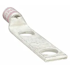 Two-hole compression lug for terminating 1/0 AWG stranded copper wire. Features a standard copper barrel with an inspection hole to verify full wire insertion. Accommodates a 1/2 in stud size. Used in power distribution panels, switchgear, and equipment grounding applications.