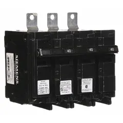 Three-pole bolt-on miniature circuit breaker rated 40 A at 120/240V AC, with shunt trip. Part of the B Series, it provides overcurrent protection for Siemens P1 panelboards in commercial and industrial power distribution systems. Maximum AIR rating of 10kA at 240V AC.