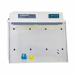 This fully assembled instructional ductless fume hood from AIRCLEAN SYSTEMS provides operator protection for educational and light chemical handling applications. It includes a blower, base/stand, and work surface. The clear design allows visibility, and the unit measures 48 inches wide by 41 inches high.