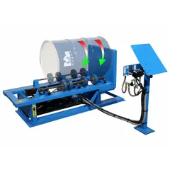 The MORSE 456-A drum roller mixer is designed for mixing and blending liquids in 1 to 5 gallon drums. It features a hydraulic lift for easy drum handling, variable speed control, and pneumatic operation suitable for hazardous environments. The unit supports a full drum weight capacity of 1,000 lb liquid load and is not automated operation capable.