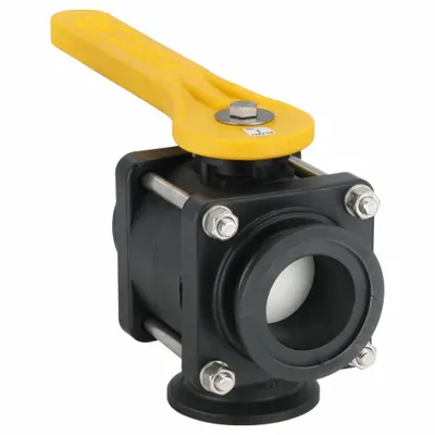 BANJO Manual Three-Way Ball Valve: 2 in, Polypropylene, L Flow, 100 psi Max. Pressure (CWP) - L-Port Polypropylene Ball Valves