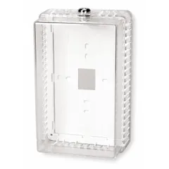 This plastic thermostat guard features a clear snap-on cover and a ring base with single-wall construction. It includes a lock and key to prevent unauthorized access. Inside dimensions are 8-11/16 in H x 5-3/16 in W x 3-1/2 in D; outside dimensions are 9-11/16 in H x 6-3/16 in W x 3-7/8 in D. Suitable for protecting thermostats in commercial and industrial environments.
