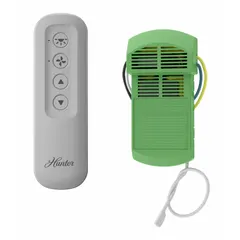 This remote control is designed for use with Casablanca and Hunter residential ceiling fans. It features a gray plastic housing with a toggle switch and includes an On/Off Add-On Remote Control Kit. Dimensions are 6 1/2 inches in width and length.