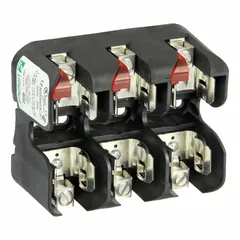 This 3-pole open block design fuse block is rated 600 V AC and accepts UL Class J fuses. It features box lug terminals and an indicating function. Typical applications include industrial power distribution, motor control centers, and panelboards for overcurrent protection.
