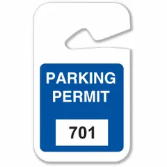 Blue vinyl parking hanger, 4 3/4 in high by 2 3/4 in wide, with a white imprint area. Pack of 100. Used to designate authorized parking in lots, garages, or facilities.