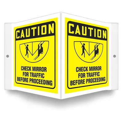 CONDOR Safety Sign: PETG, Mounting Holes Sign Mounting, 6 in x 8 1/2 in Nominal Sign Size - V-Shape Projection Caution: Check Mirror For Traffic Before Proceeding Signs