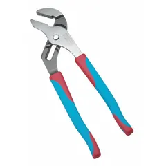 Flat-jaw tongue and groove pliers with serrated groove-joint design for secure gripping. Overall length 10-1/2 in, maximum jaw opening 2 in. Suitable for gripping, turning, and clamping nuts, pipes, and fittings in maintenance, plumbing, and mechanical work.