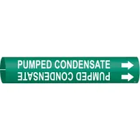 Green snap-on pipe marker with white legend reading 'Pumped Condensate' and directional arrows. Fits pipe outer diameters from 2-1/2 to 3-7/8 inches. Supplied as a single marker for identifying condensate return lines in industrial piping systems
