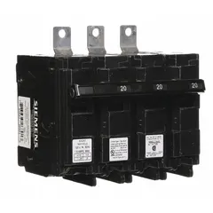 Three-pole bolt-on miniature circuit breaker rated 20 A at 120/240V AC, part of the BL series. Features a shunt trip for remote tripping capability. Provides overcurrent protection with a maximum AIR rating of 22kA at 240V AC. Designed for use in Siemens P1 panelboards in commercial and industrial electrical distribution systems.
