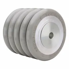 This wheel features a gray polyurethane tread on an aluminum core with an UltraGlide tread shape. It has a 6 in diameter, 5 in width, and a load rating of 4,250 lb. Suitable for heavy-duty material handling applications such as carts, tow lines, and automated guided vehicles.