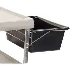 This bin is designed for use with METRO utility carts, specifically models 29JU25-30 and MY1627. It has a 25 lb capacity and is constructed from steel and plastic with a black, unfinished finish. Suitable for organizing tools, parts, or materials in commercial and industrial settings.