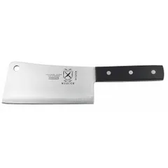 This wide-blade cleaver from MERCER CUTLERY features a stamped steel blade and a black polyoxymethylene handle. With a 6 in overall length, it is suited for heavy cutting tasks such as chopping through bones, thick meats, and hard vegetables in commercial and home kitchens.