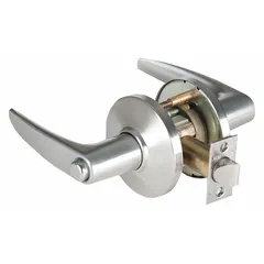 Privacy lever lockset with satin chromium-plated zinc finish. Features a 9K curved no-return lever, Large Format Interchangeable Core (LFIC), and ANSI F76 function for interior doors requiring locking from inside. ADA compliant. No visual indicator or ligature resistance.