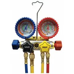 Four-valve analog manifold gauge set with four hoses featuring ball valve connections. Includes gauge boots and sight glass. Designed for use with R-134A, R-404A, and R-507 refrigerants in HVAC service applications such as charging, recovery, and system diagnostics.