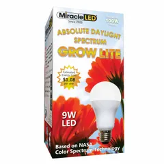 This A19-shaped LED grow bulb provides a full/broad spectrum suitable for all stages of plant growth and maintenance. Operating at 120V with a 100W incandescent equivalency, it supports indoor gardening, hydroponics, and greenhouse applications.