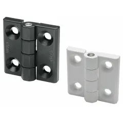 Full surface-mount pivot hinge made of plastic. Leaf height 1 3/16 in, leaf width 7/16 in. Used for light-duty pivot applications on enclosures, machine guards, and access panels where corrosion resistance and non-marring properties are required.