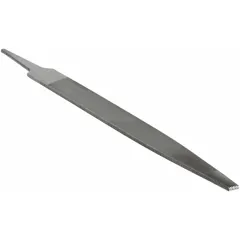 Double-cut warding file with single edge cut and bastard cut. Measures 8 inches in length without tang and 13/16 inches in width. Regular taper with natural finish. Used for precision filing, shaping, deburring, and smoothing in metalworking applications.