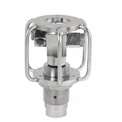 This duct and tank cleaner features a stainless steel housing with a 3/8 in NPTF inlet and two nozzles. It is designed for cleaning confined surfaces such as ducts and tanks in industrial settings, effectively removing debris and buildup.
