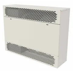 Surface-mount electric cabinet wall heater with fan-forced heating. Delivers 5kW wattage output and 250 cfm air flow. Operates on 240V AC, 3-phase power. White finish. Overall dimensions 35 in x 26-3/8 in x 9-3/4 in. Suitable for heating commercial and industrial spaces.