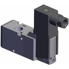 Three-way, two-position solenoid valve with normally closed operation. Features female 1/4 NPTF ports and 110V AC coil. Used to control pneumatic actuators, cylinders, or pilot signals in industrial automation systems.