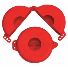 This hinged lockout device secures gate valve hand wheels with diameters from 6 1/2 to 10 inches. It is used in lockout/tagout procedures to prevent accidental valve operation during maintenance or servicing. The device encloses the hand wheel and can be locked with a padlock to ensure safe isolation.