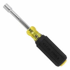 This pass-through nut driver features a hollow hex tip for driving nuts on threaded rods or studs. It is supplied without a magnetized tip, suitable for applications where magnetic interference must be avoided. The metric size is designed for standard hollow hex nut driving tasks in electrical and mechanical assembly.