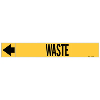 BRADY Pipe Marker: Waste, Yellow, Black, Fits 2 1/2 to 6 in Pipe O.D., 25 Pipe Markers - Waste Adhesive Pipe Markers on a Roll
