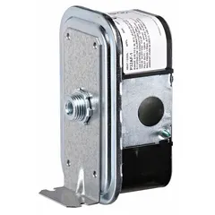 Auto-reset SPDT switch with adjustable set-point range of 0.05 in wc to 5 in wc. Features a 1/8 in NPT pressure connection and a conduit box enclosure. Used in HVAC and industrial air-handling systems to monitor or control air pressure, detect differential or static pressure changes, and switch electrical circuits for applications such as fan status, filter clogging, or duct pressure monitoring.