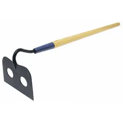 Mortar hoe with a straight design and perforated steel blade for mixing mortar, plaster, and other masonry materials. Hardwood handle. Blade measures 7 inches long by 4 3/4 inches wide.