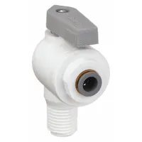 PARKER Manual Two-Way Ball Valve: 1/4 in, Polypropylene, Angle, Push x MNPT, Full Port Ball Port (MPN LFPP4VME4)