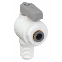 This manual two-way ball valve features a polypropylene body with a full-port ball port and a lever handle. The angle configuration with push x MNPT connections suits plumbing and fluid handling systems requiring corrosion resistance and NSF 51 compliance for potable water or food contact applications.