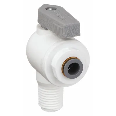 Parker Manual Two-Way Ball Valve: 1/4 in, Polypropylene, Angle, Push x MNPT - NSF 51 Compliant Polypropylene Ball Valves