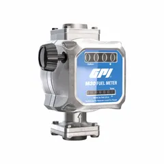 Aluminum-body nutating disc totalizer with 1-inch FNPT connections for measuring B20 biodiesel, E15 ethanol, gasoline, and kerosene. Provides 2% accuracy and registers volume in gallons. Suitable for fuel dispensing, transfer, and monitoring applications.