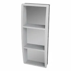 This institutional bathroom shelf is constructed from stainless steel for corrosion resistance in high-moisture environments. It features a recessed mounting style for a flush installation, providing a storage surface for toiletries in public restrooms, hospitals, and schools.