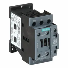 This Siemens non-reversing IEC contactor features 3 poles and 3 normally open (NO) contacts, rated at 38 A with a 24V AC coil. It is used for switching motors, lighting, and resistive loads in industrial control applications. No integrated surge suppression is included.