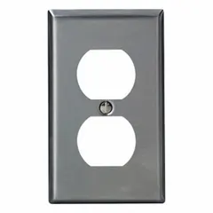 Single-gang wall plate for standard duplex outlets. Constructed from stainless steel with a silver finish. Suitable for general-purpose use in residential, commercial, and industrial applications to cover and protect electrical connections.