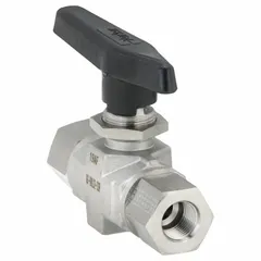 This Parker ball valve is a straight-body, three-piece design with 316 stainless steel construction. It features 3/8 inch FNPT x FNPT connections and a lever handle for manual on/off flow control. Suitable for use in industrial piping systems requiring corrosion resistance and inline maintenance capability.